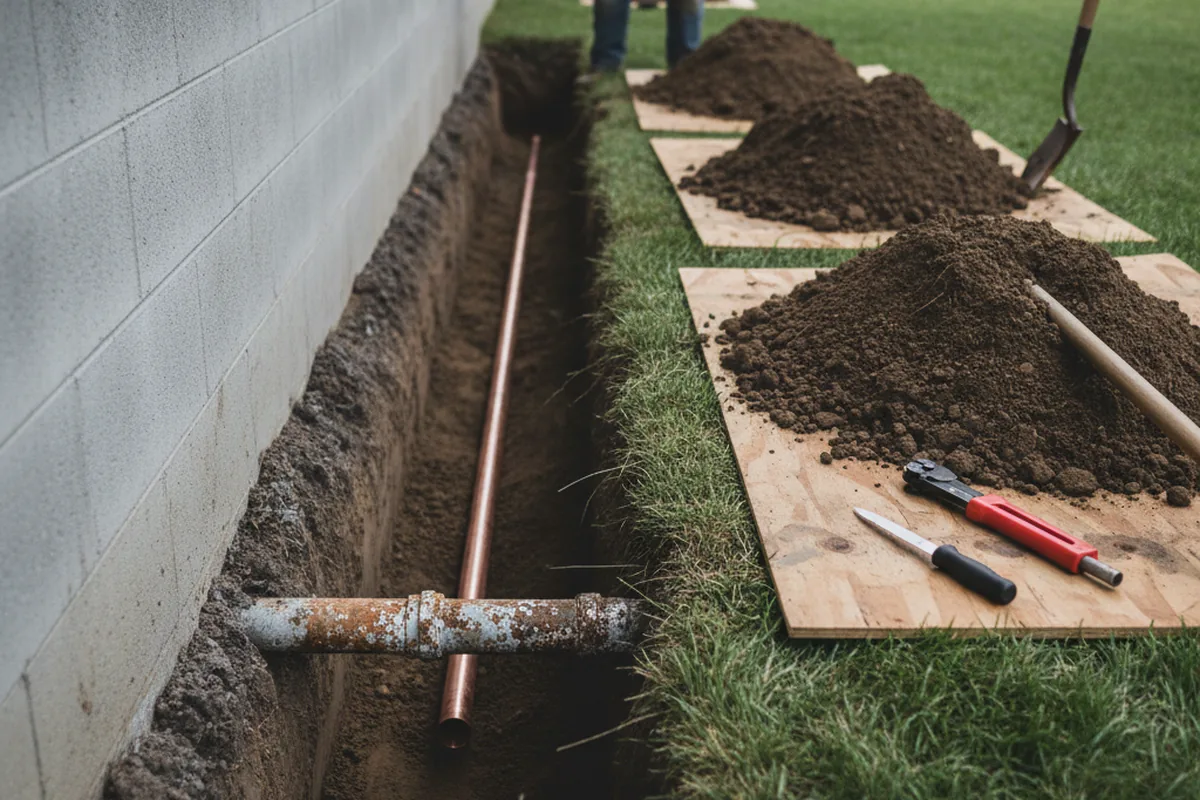 Excavated water line trench during Water Softener Installation in New Orleans